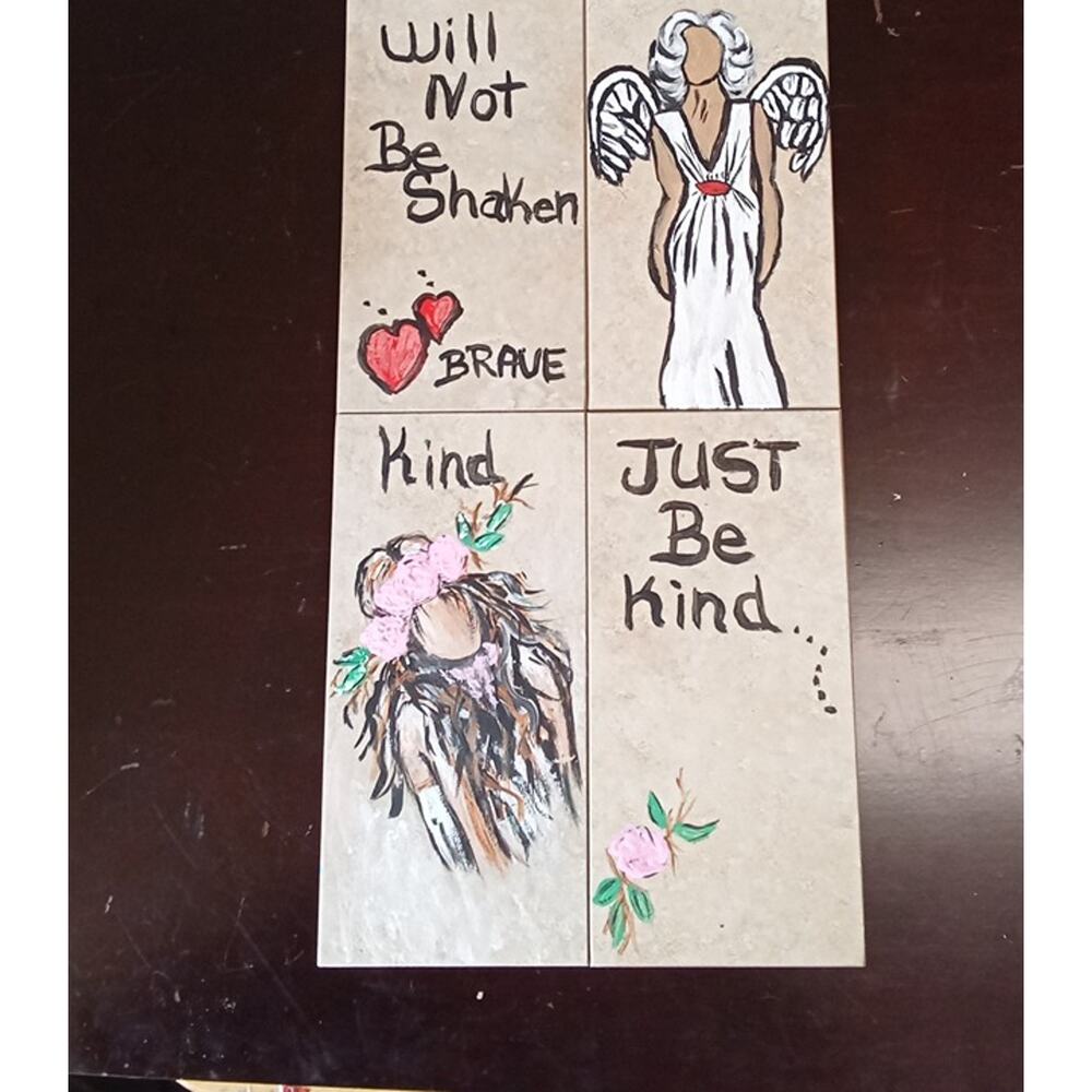 Hand Painted Angel Quote Tiles Be Brave Be Kind Christian Decor Heaven & Hearts